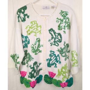 Vintage Jane's Closet sequin frog embroidered button up cardigan sweater Size M